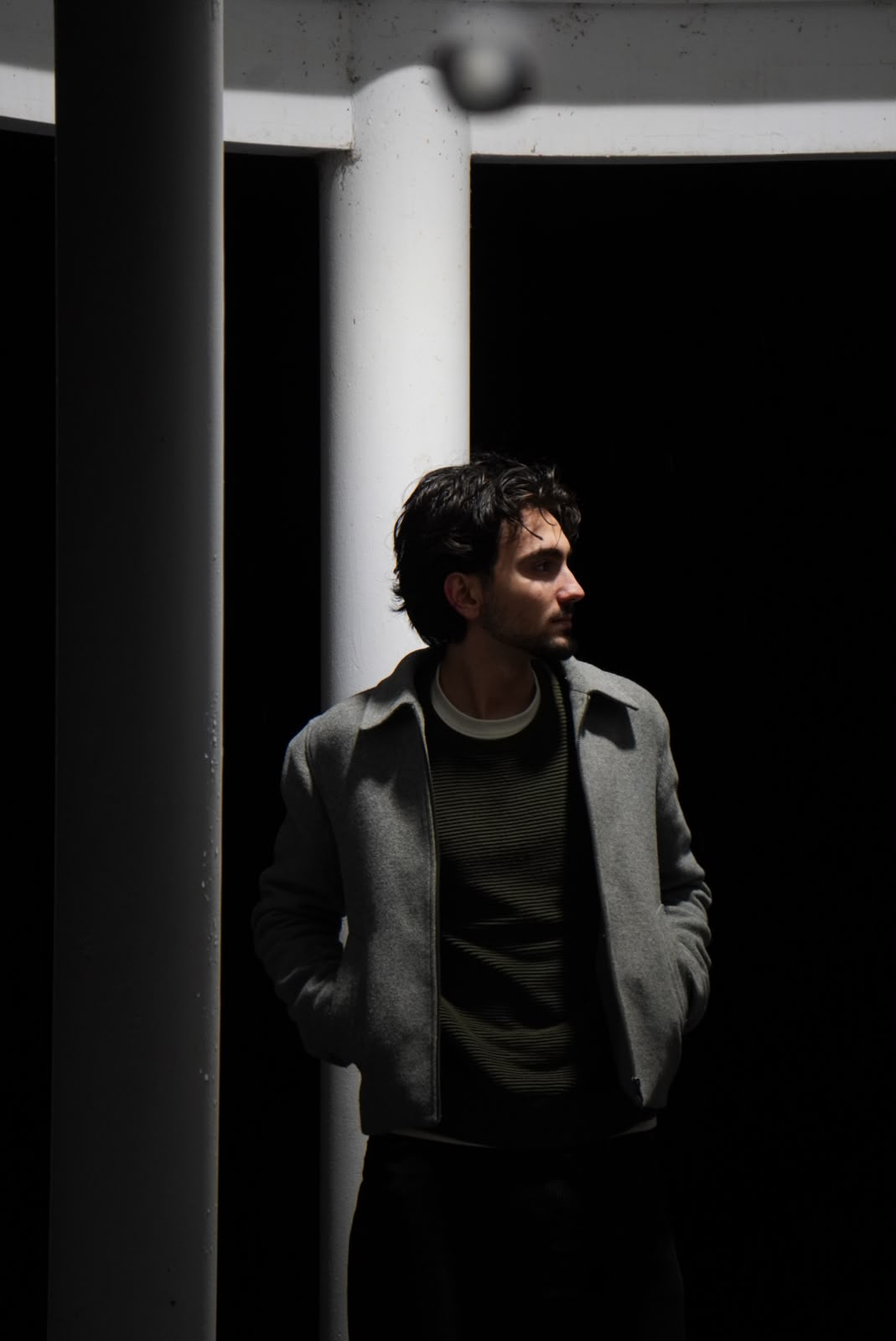 Portrait in hard light between white columns