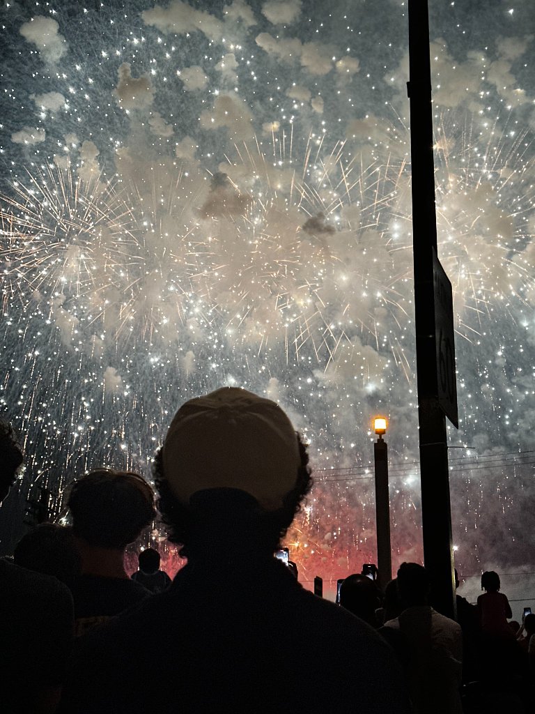 Crowd under white fireworks